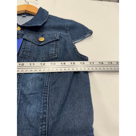 NEW Chouyatou Cap Sleeve Bodycon 1/2 Button Placket Mini Denim Pencil Dress M - Picture 7 of 13